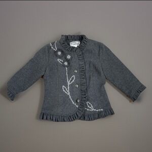 Vtg My Best Me Gray Wool Blend Jacket Ruffle Trim Floral Applique Medium‎